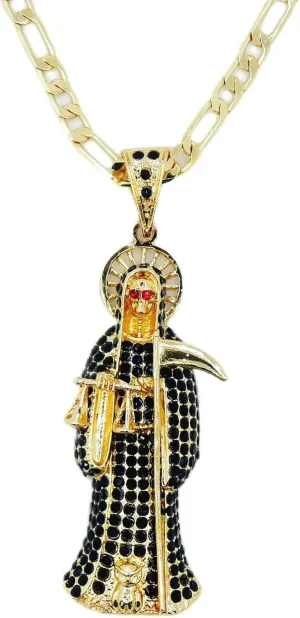 14k Yellow Gold La Santa Muerte Necklace For Women And Men - Holy Death's Pendant Necklaces, Santa Muerte Pendant With Chain, Holy Saint Death Religious Jewelry Gift