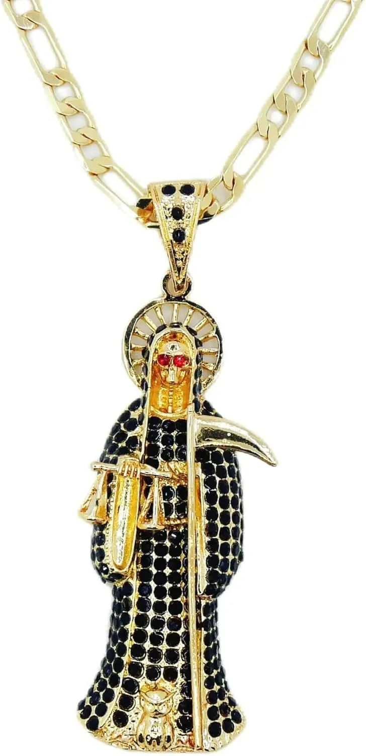 14k Yellow Gold La Santa Muerte Necklace For Women And Men - Holy Death's Pendant Necklaces, Santa Muerte Pendant With Chain, Holy Saint Death Religious Jewelry Gift