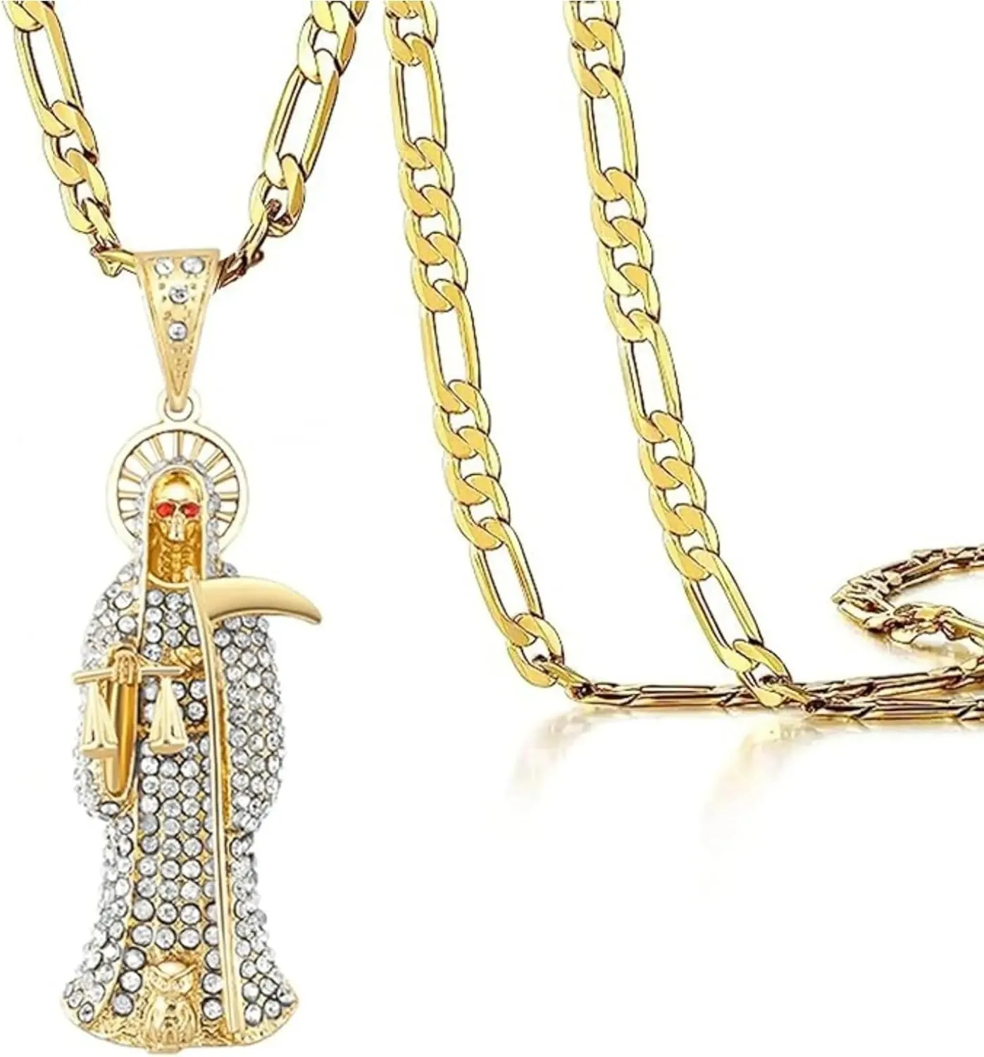 14k Yellow Gold La Santa Muerte Necklace For Women And Men - Holy Death's Pendant Necklaces, Santa Muerte Pendant With Chain, Holy Saint Death Religious Jewelry Gift