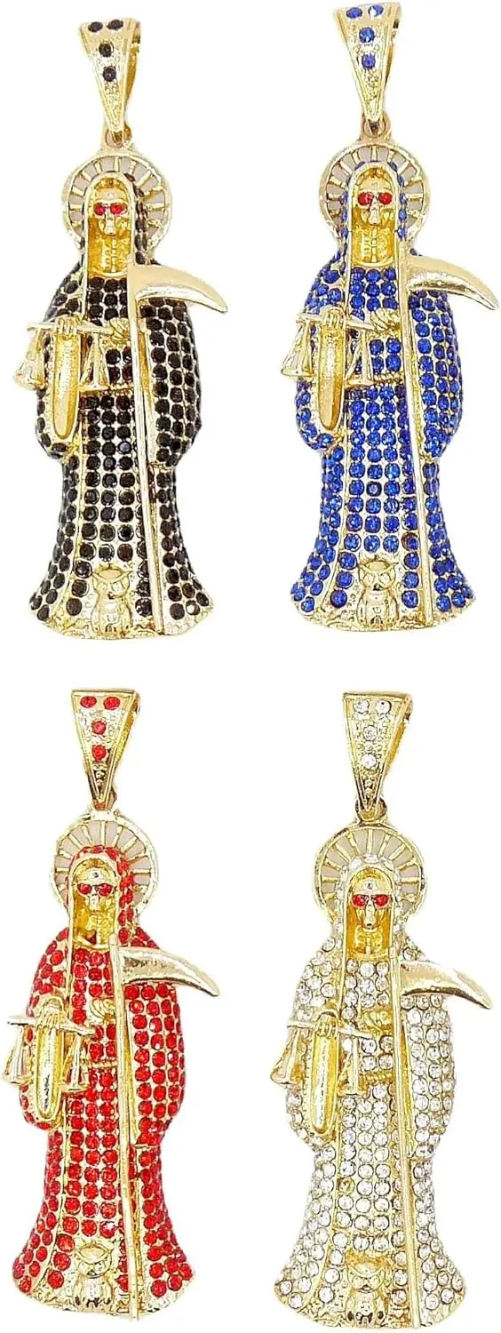 14k Yellow Gold La Santa Muerte Necklace For Women And Men - Holy Death's Pendant Necklaces, Santa Muerte Pendant With Chain, Holy Saint Death Religious Jewelry Gift