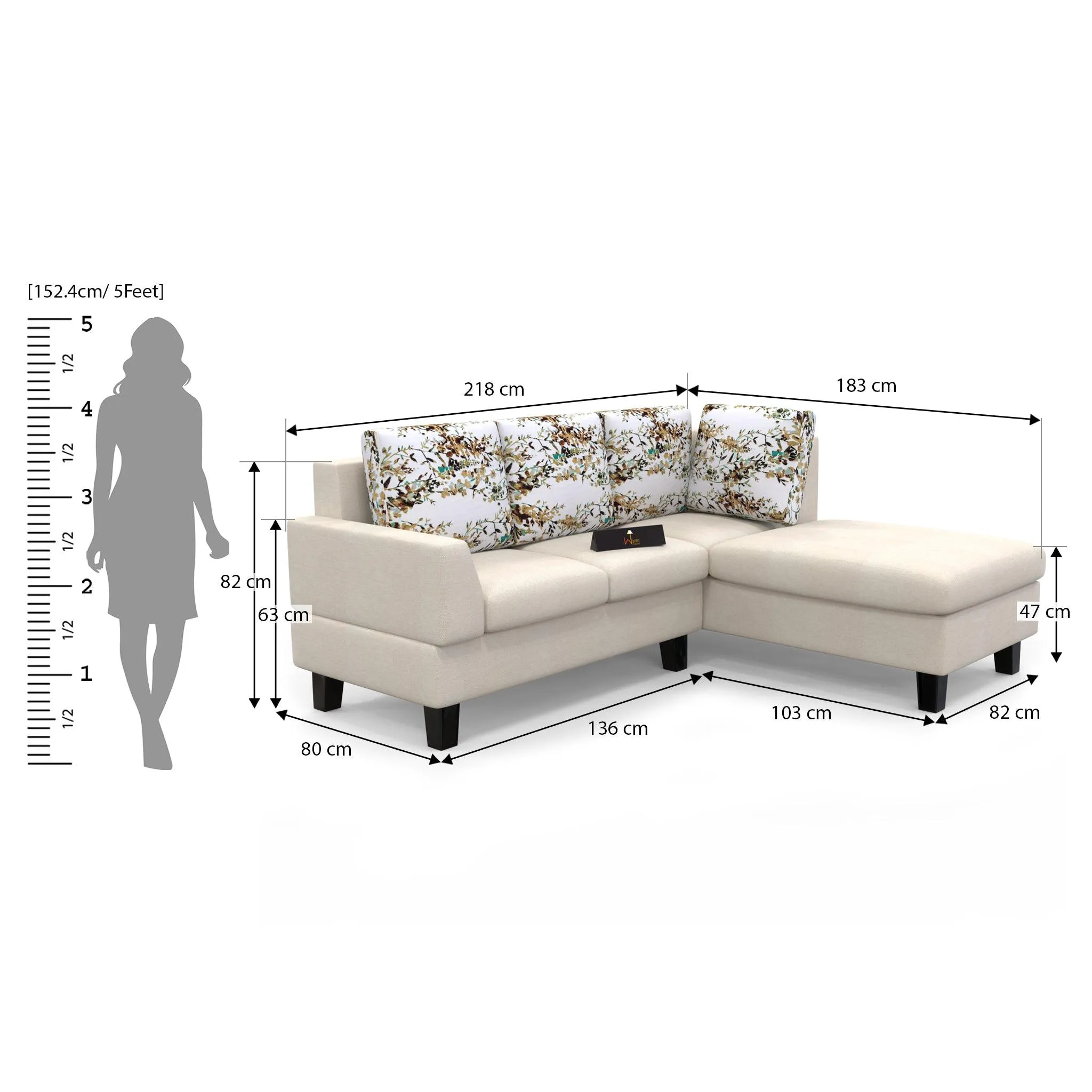 5 Seater L-Shape Sectional Sofa Set with Four Floral Cushion