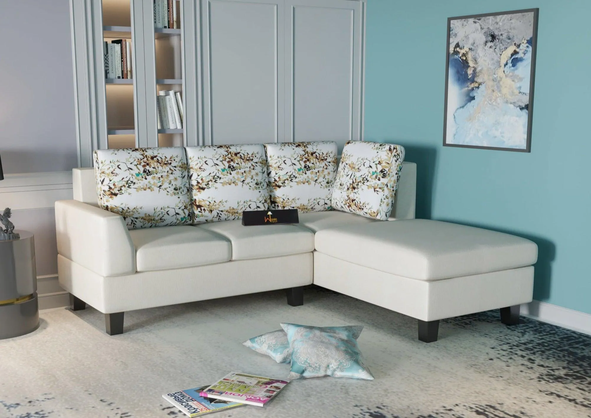 5 Seater L-Shape Sectional Sofa Set with Four Floral Cushion