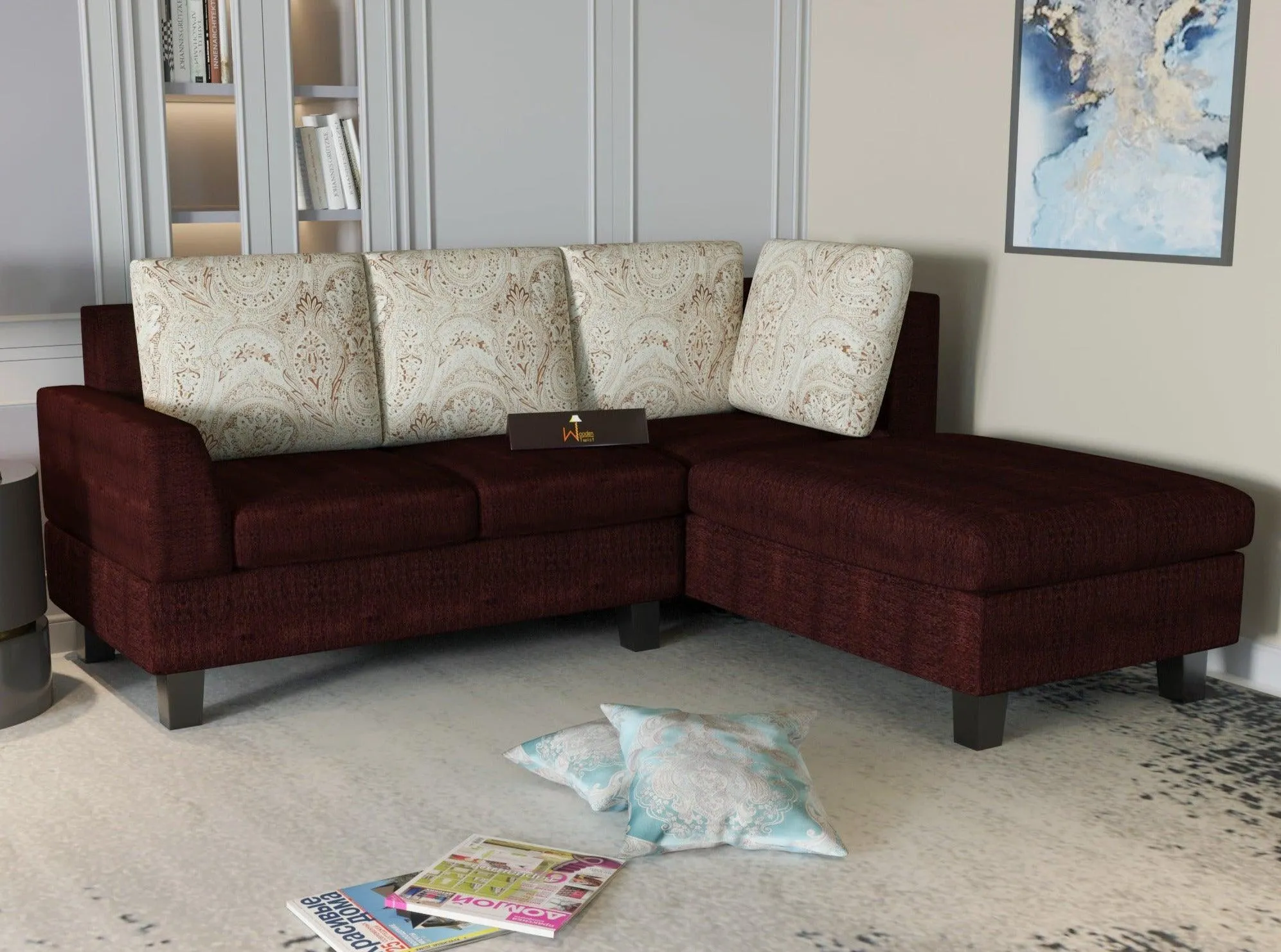 5 Seater L-Shape Sectional Sofa Set with Four Floral Cushion