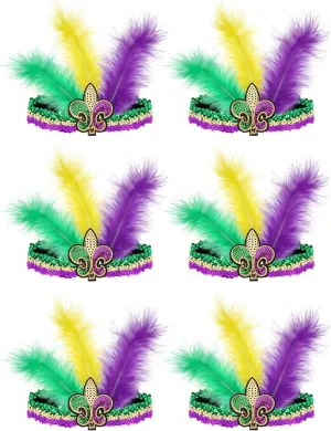 6pcs Mardi Gras Feather Headband Mardi Gras Fleur De Lis Headbands Sequin Faux Feather Fascinators Headwear Headpieces Hair Band for Adult Women Men Masquerade 1920s Carnival Birthday Party