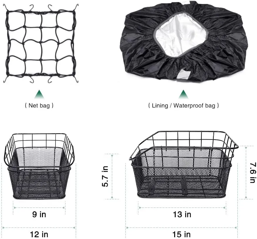 ANZOME Rear Bike Basket, Waterproof Metal Wire Bicycle Basket with Adjustable Cargo Net and Waterproof Rainproof Cover Fits to Most Rear Bike Racks