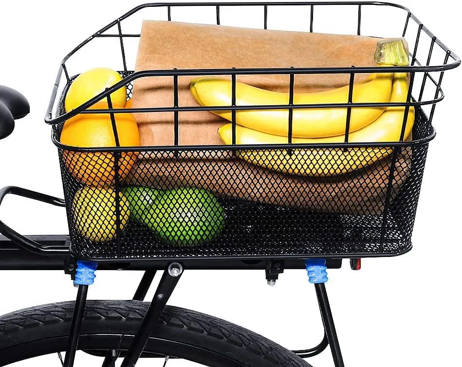 ANZOME Rear Bike Basket, Waterproof Metal Wire Bicycle Basket with Adjustable Cargo Net and Waterproof Rainproof Cover Fits to Most Rear Bike Racks