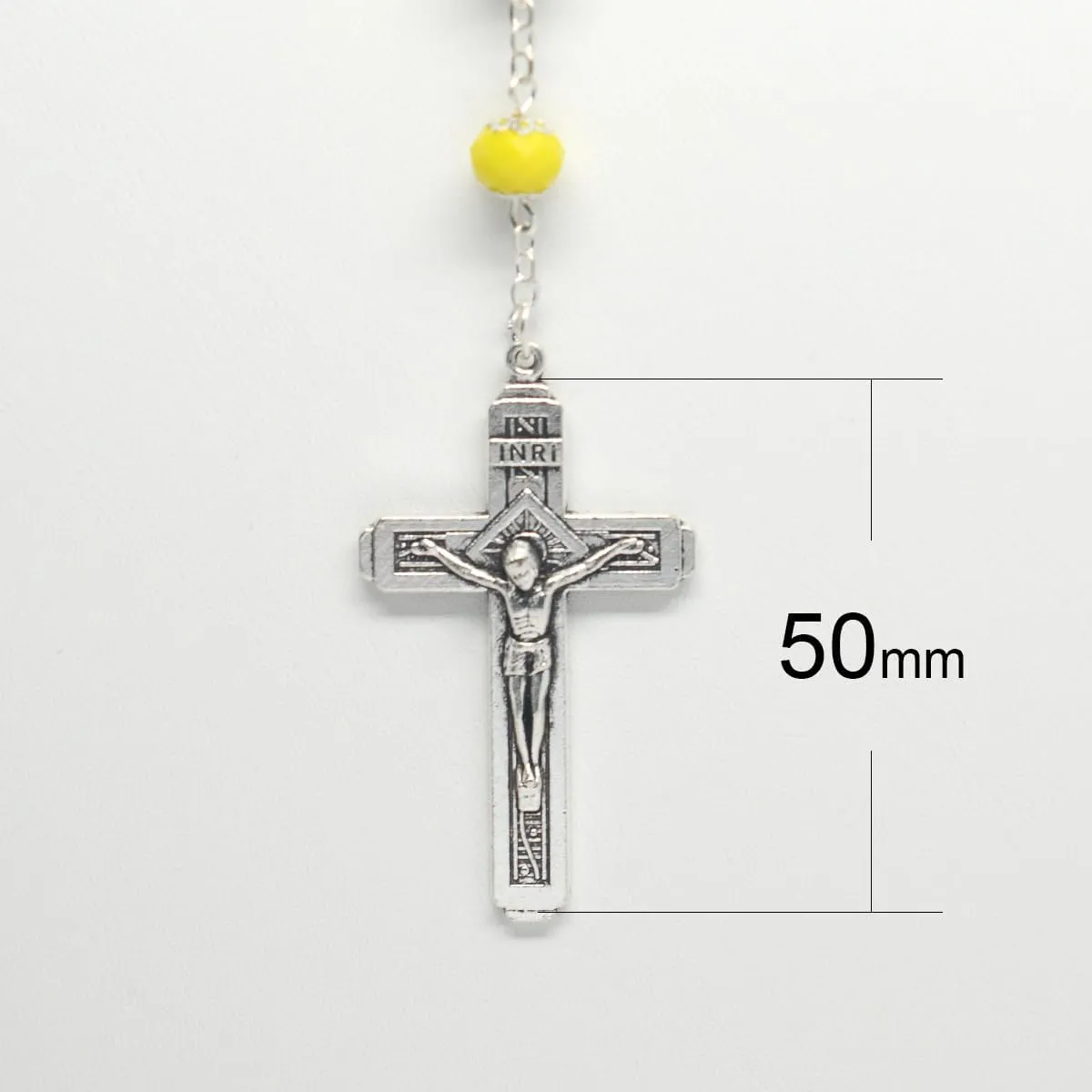 Catholic Town 8mm crystal beads, Our Lady of Charity "Virgen de la Caridad del Cobre" Rosary with Jerusalem Crucifix cross (Available colors: Black, Blue, Clear, Red, White and Yellow)