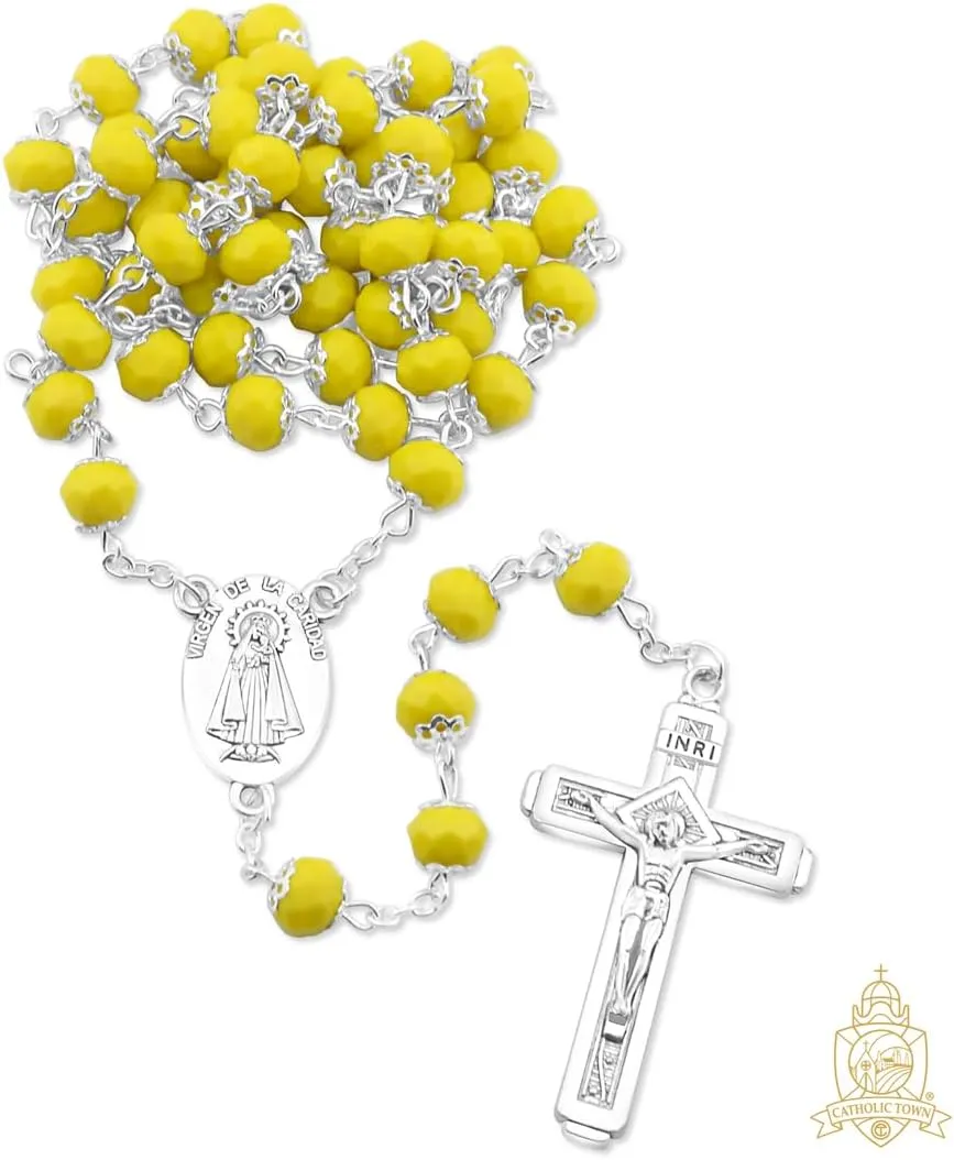 Catholic Town 8mm crystal beads, Our Lady of Charity "Virgen de la Caridad del Cobre" Rosary with Jerusalem Crucifix cross (Available colors: Black, Blue, Clear, Red, White and Yellow)