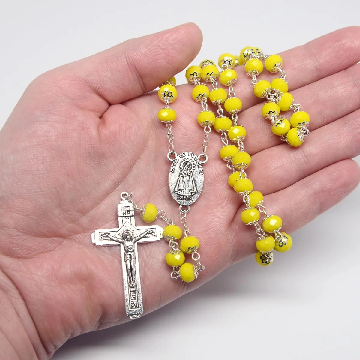 Catholic Town 8mm crystal beads, Our Lady of Charity "Virgen de la Caridad del Cobre" Rosary with Jerusalem Crucifix cross (Available colors: Black, Blue, Clear, Red, White and Yellow)