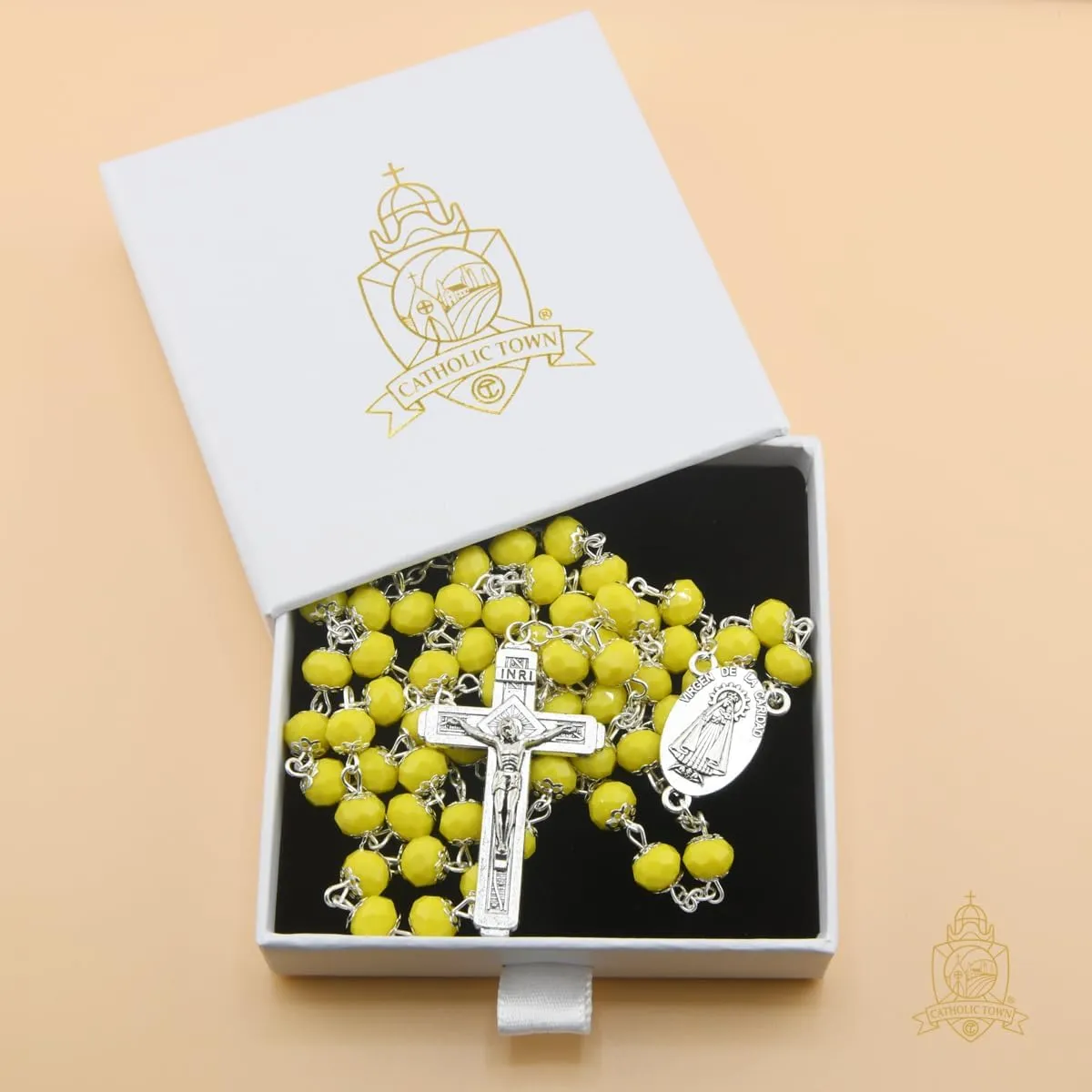 Catholic Town 8mm crystal beads, Our Lady of Charity "Virgen de la Caridad del Cobre" Rosary with Jerusalem Crucifix cross (Available colors: Black, Blue, Clear, Red, White and Yellow)