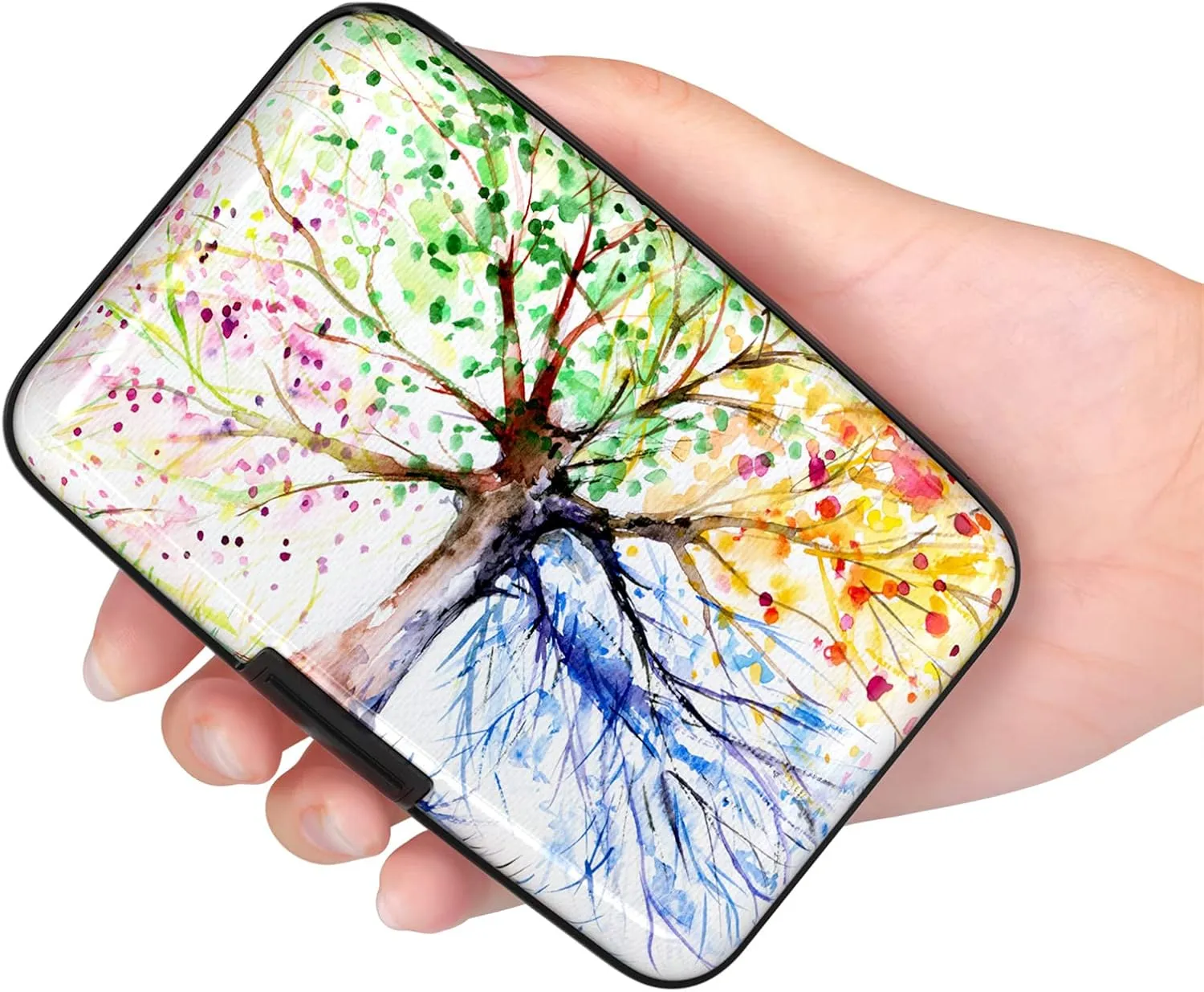 Credit Card Holder for Women, Mini RFID Metal Credit Cards Wallet Cute Pocket Business Card Holder ID Case, Pink Tree of Life