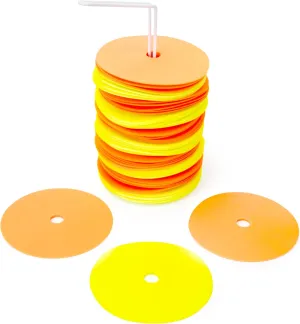 Crown Sporting Goods 6" Non-Skid Floor Spot Markers: Set of 50 Agility Training Flat Field Cones in Fluorescent Yellow & Orange with Metal Carrying Stand