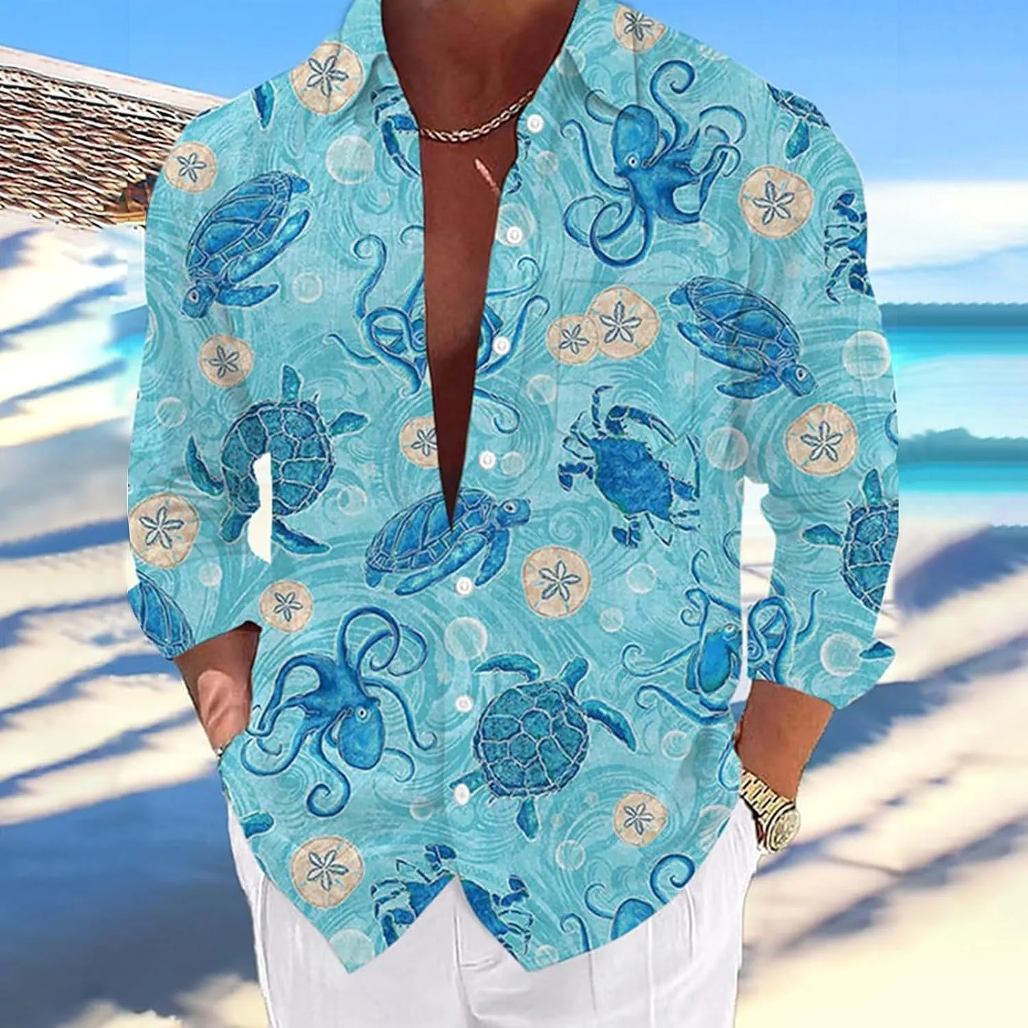 Graphic Button Down Tee Shirts for Men Long Sleeve Roll Up Wrinkle Free Summer Floral Turtle Print Vacation Tee Top