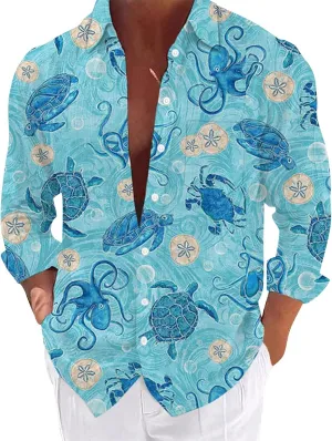 Graphic Button Down Tee Shirts for Men Long Sleeve Roll Up Wrinkle Free Summer Floral Turtle Print Vacation Tee Top