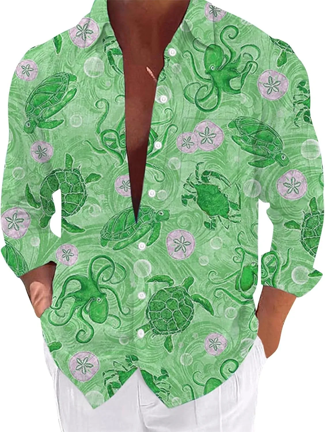 Graphic Button Down Tee Shirts for Men Long Sleeve Roll Up Wrinkle Free Summer Floral Turtle Print Vacation Tee Top