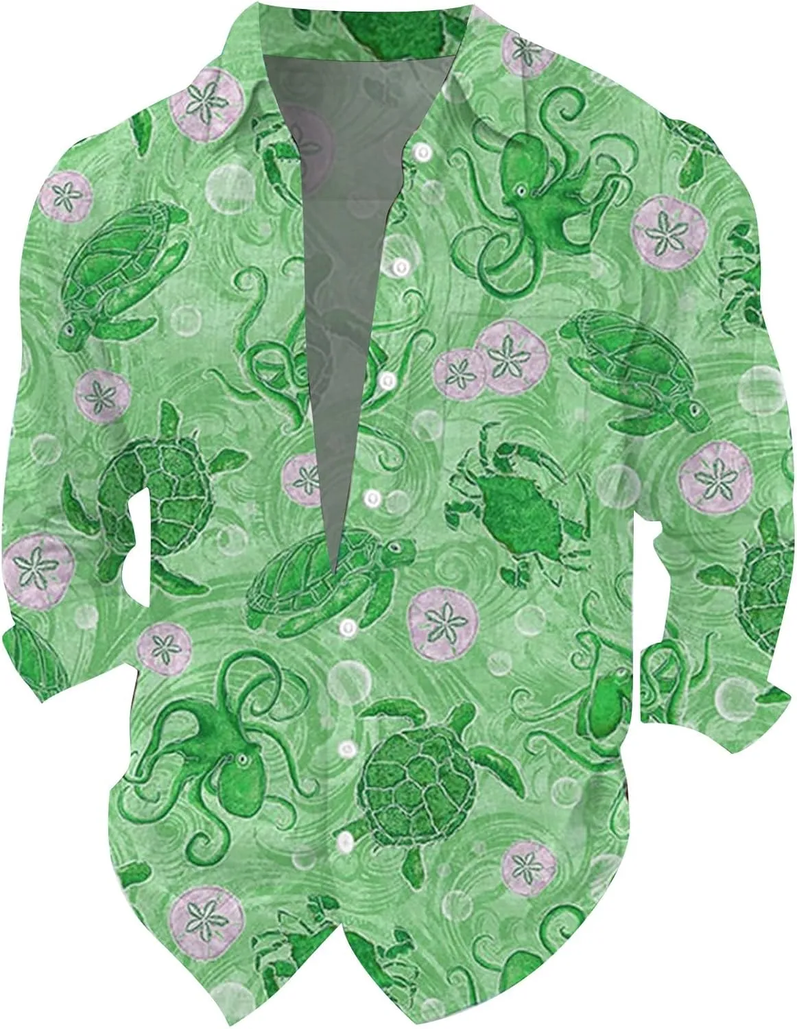 Graphic Button Down Tee Shirts for Men Long Sleeve Roll Up Wrinkle Free Summer Floral Turtle Print Vacation Tee Top