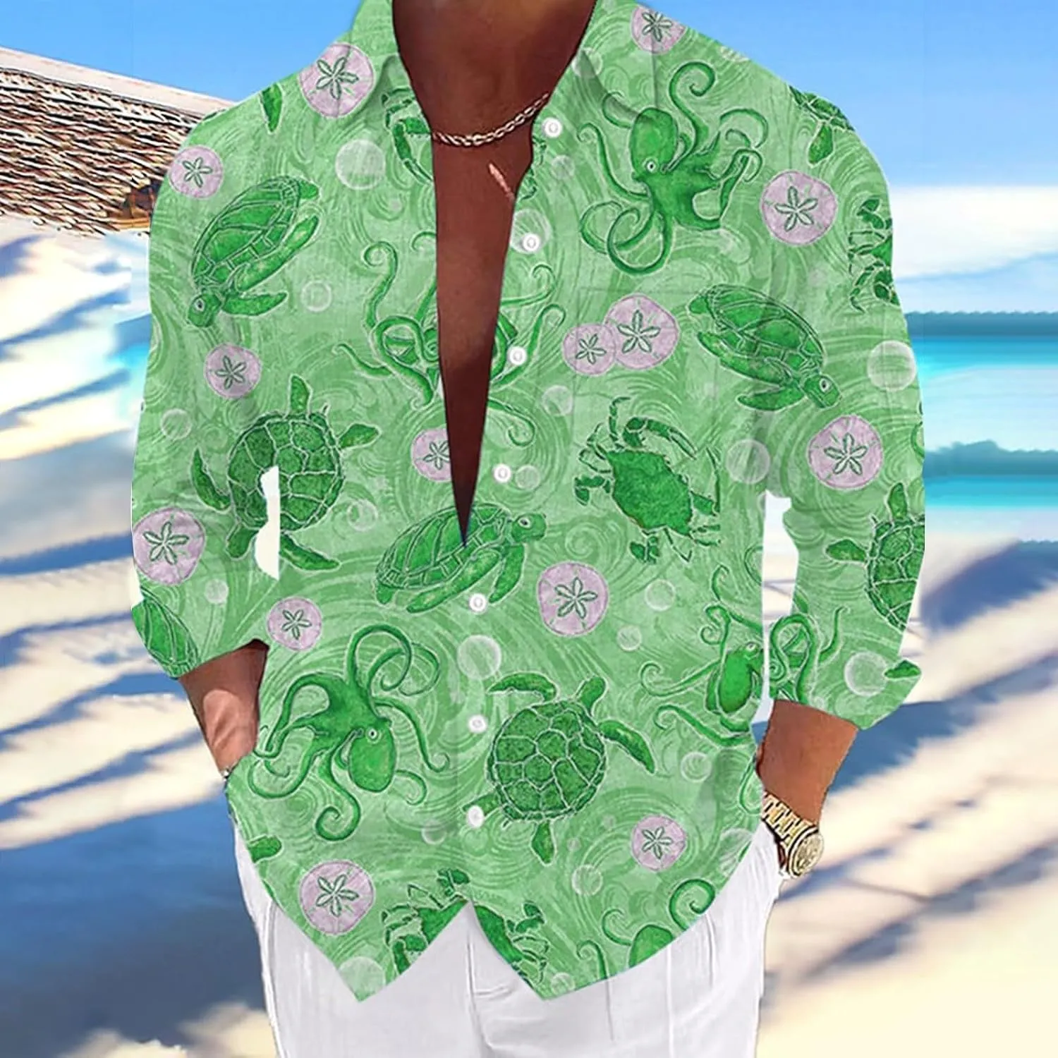Graphic Button Down Tee Shirts for Men Long Sleeve Roll Up Wrinkle Free Summer Floral Turtle Print Vacation Tee Top