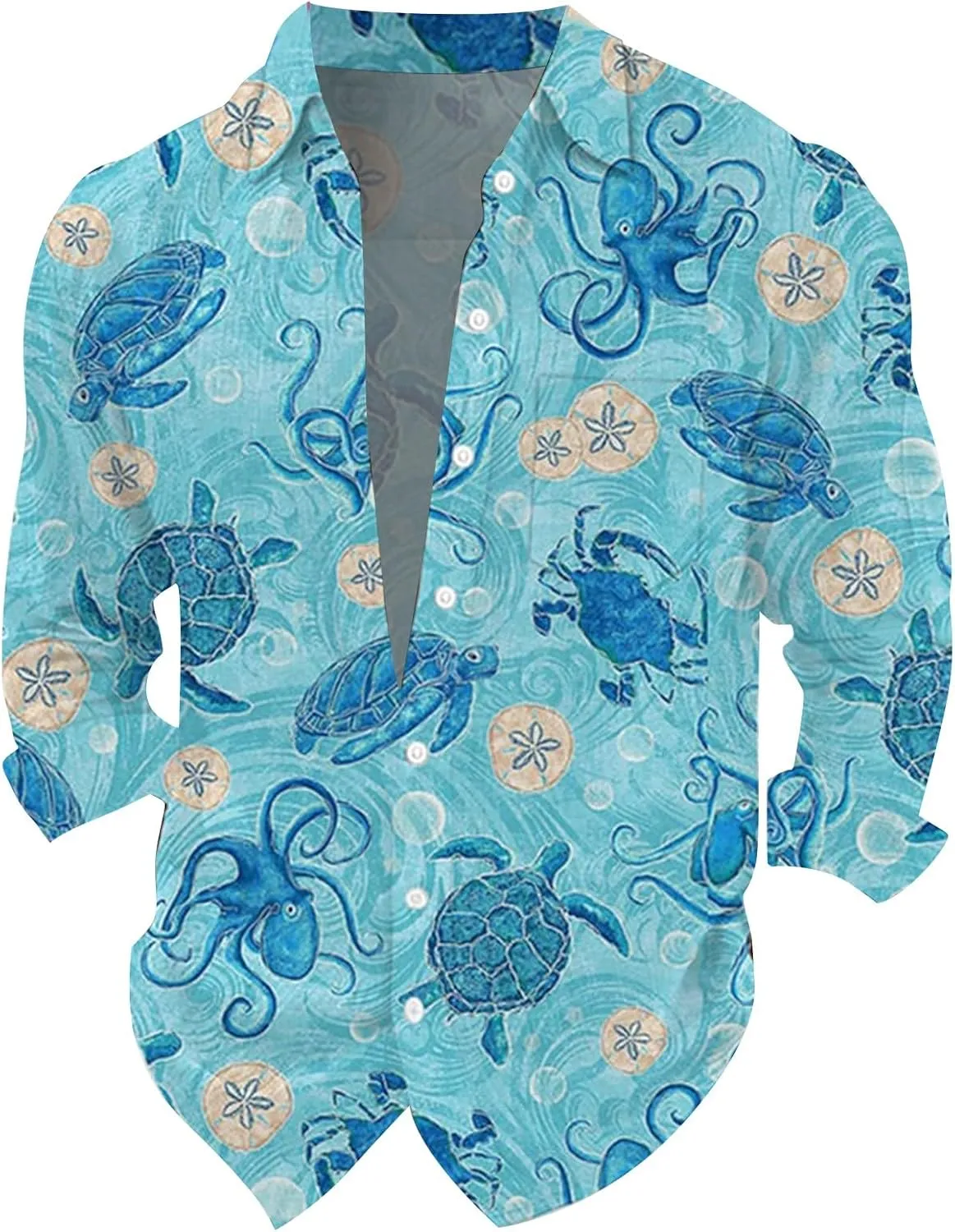 Graphic Button Down Tee Shirts for Men Long Sleeve Roll Up Wrinkle Free Summer Floral Turtle Print Vacation Tee Top