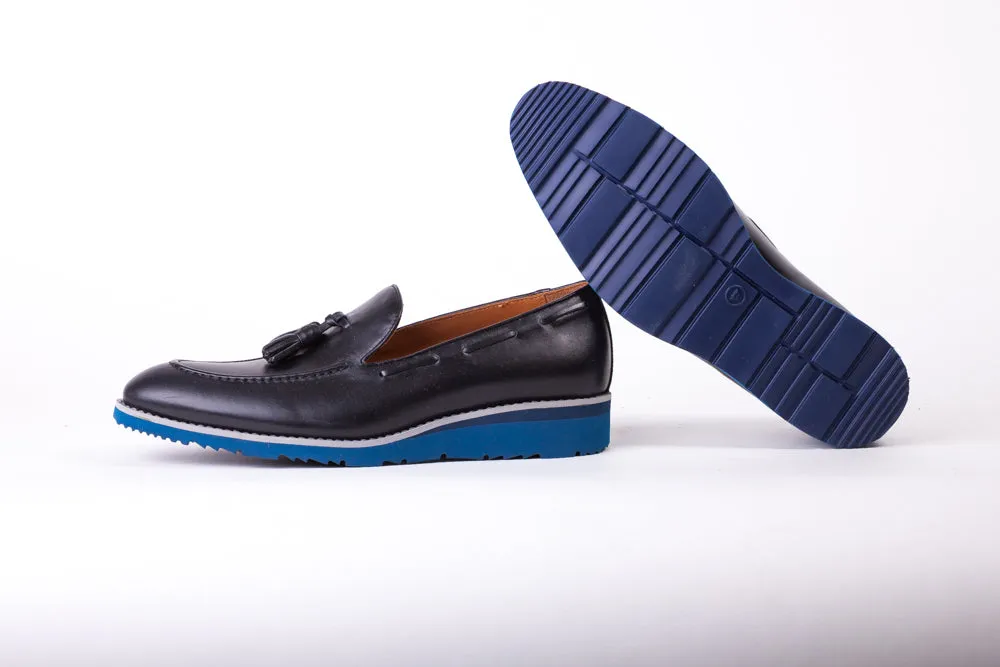 Men's Black & Grey Accented Tassel Loafer with Azul Blue Wedge Sole ( EX-165)
