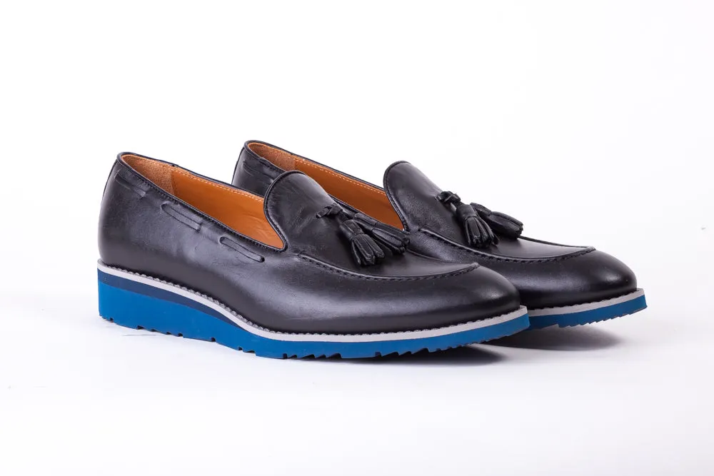 Men's Black & Grey Accented Tassel Loafer with Azul Blue Wedge Sole ( EX-165)