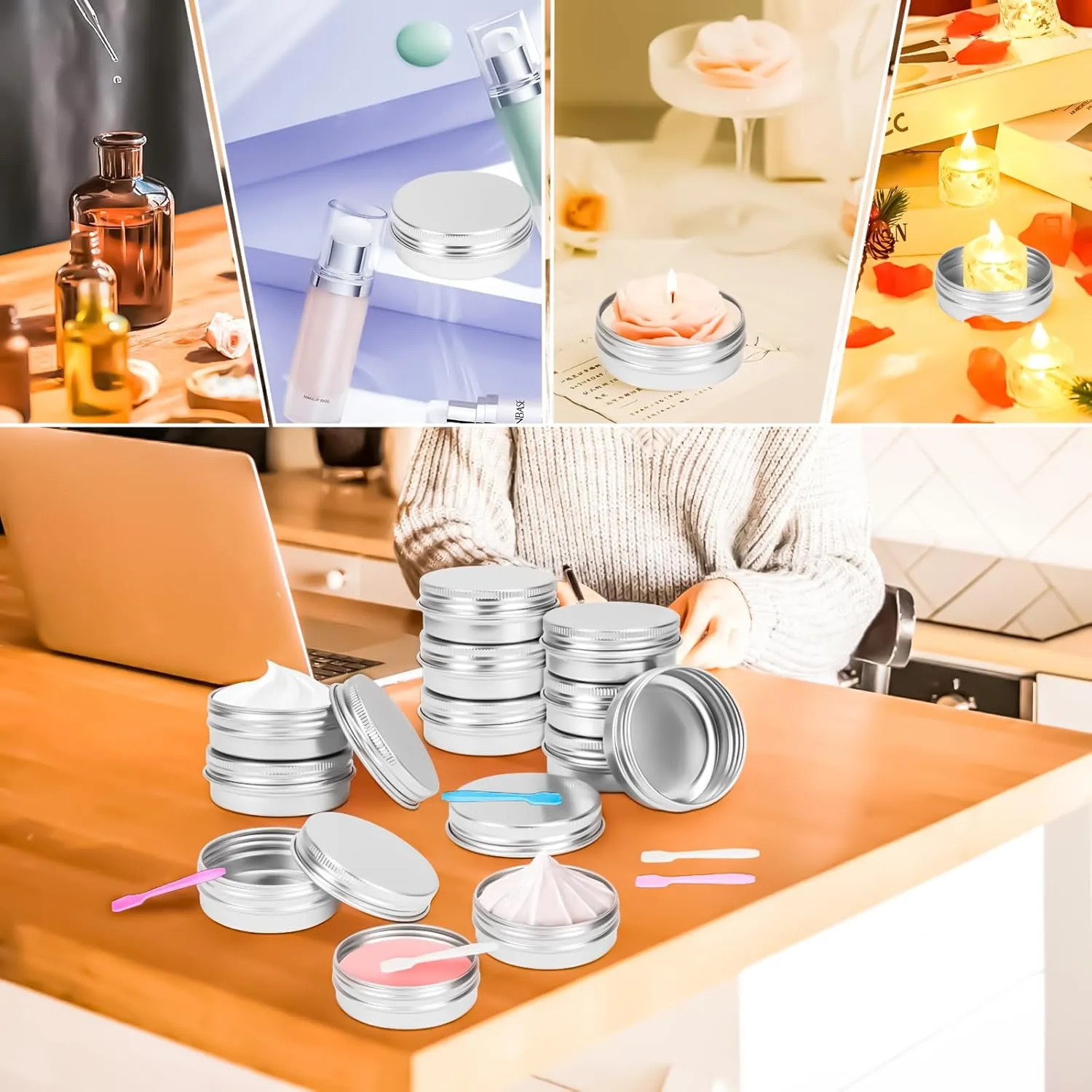 MotBach 16Pack 2oz Tin Jars, 60ml Metal Tin cans, 2Ounce Aluminum tin can jar Containers with Screw Lid for Lotion Bars, Spices, Salve, Balms, Beard Balm, Toiletries, Creams, Samples, Makeup Cosmetic