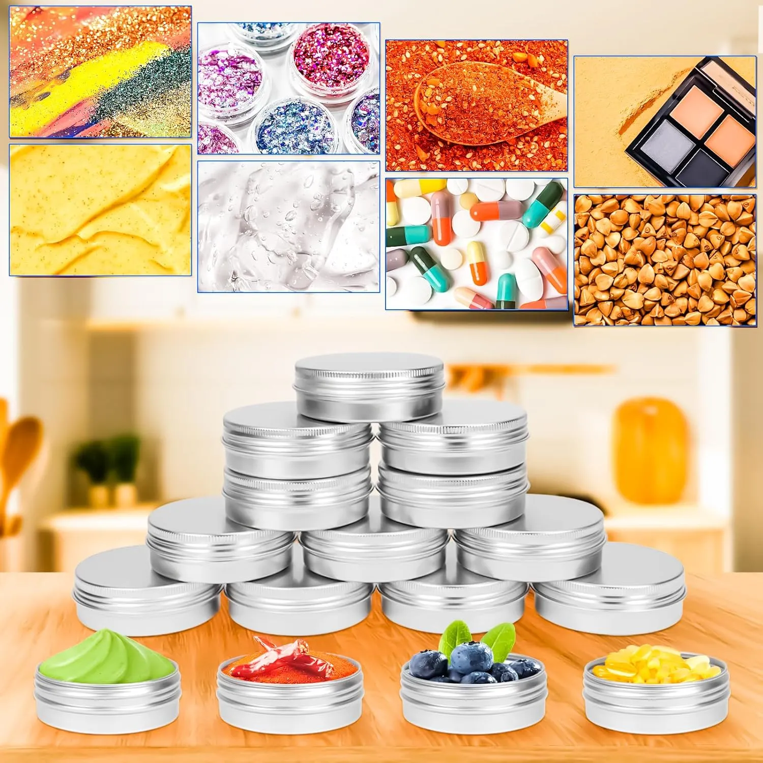 MotBach 16Pack 2oz Tin Jars, 60ml Metal Tin cans, 2Ounce Aluminum tin can jar Containers with Screw Lid for Lotion Bars, Spices, Salve, Balms, Beard Balm, Toiletries, Creams, Samples, Makeup Cosmetic