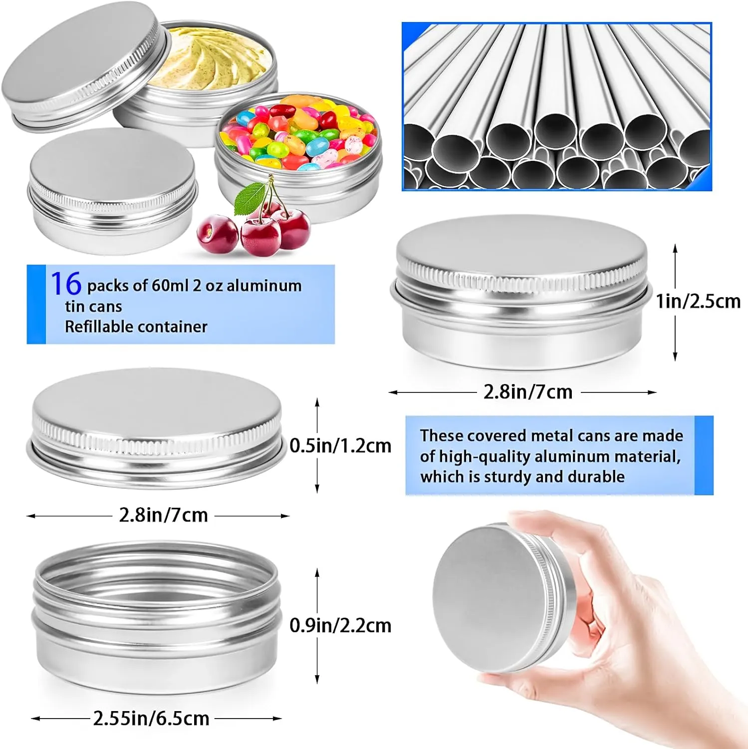 MotBach 16Pack 2oz Tin Jars, 60ml Metal Tin cans, 2Ounce Aluminum tin can jar Containers with Screw Lid for Lotion Bars, Spices, Salve, Balms, Beard Balm, Toiletries, Creams, Samples, Makeup Cosmetic