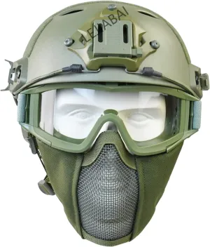 NC PJ Type Tactical Air Gun Quick Helmet Set, Tactical Goggles and Metal Mesh Cover to Protect EarsUsed for Airsoft Shooting Outdoor Sports