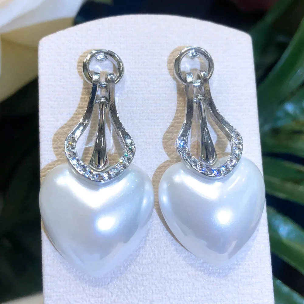 New Luxury Romantic Shiny CZ Heart Pearl Drop Earrings For Women