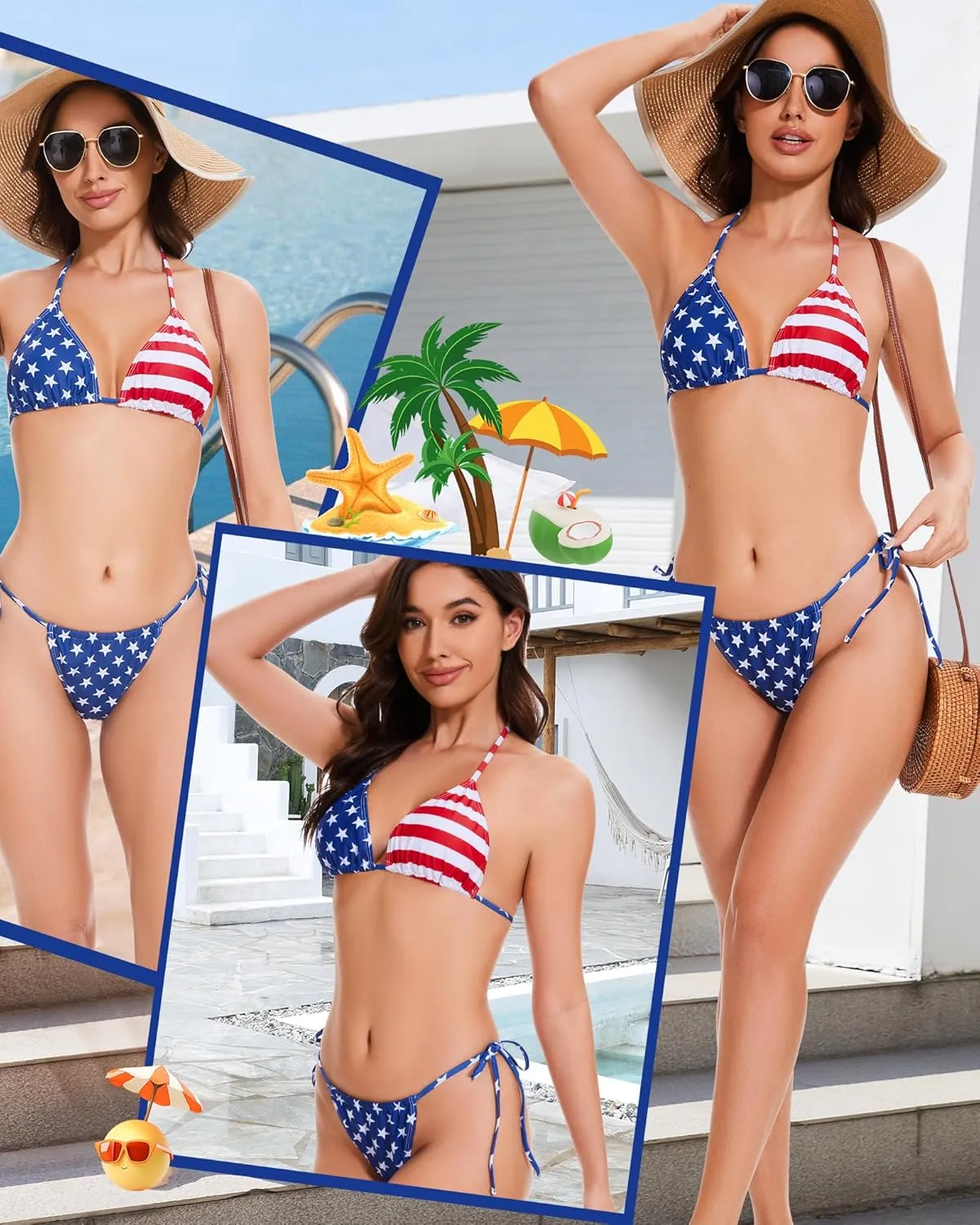 Women Two Piece Bikini Swimsuits Sexy Metal Ring Triangle Bikini Halter String Bathing Suits Adjustable Swimwear