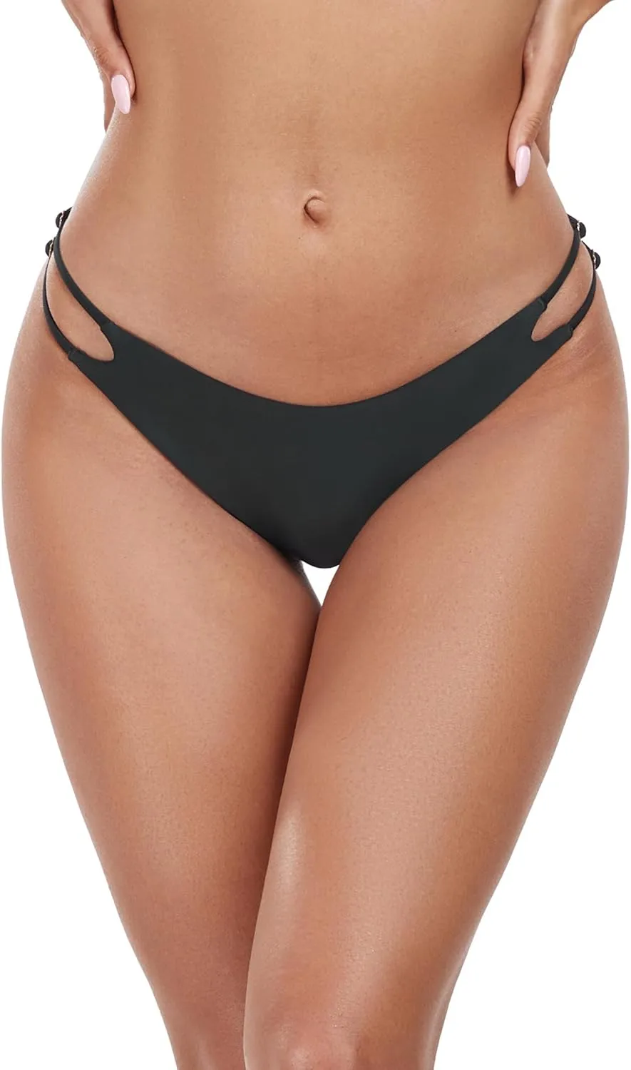 Women's Low Waisted Bikini Bottoms Double Straps Cut-Out Swimsuit Bottoms Cheeky Bathing Suit Bottoms